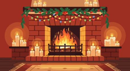 Inviting ambiance of a holiday fireplace with glowing candles and warm decorations