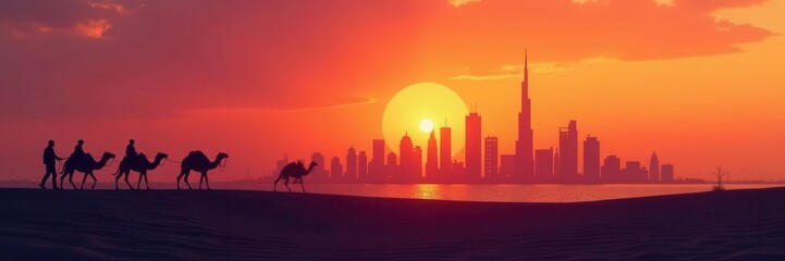 Dubai skyline, camel caravan silhouette at sunset, day, stock