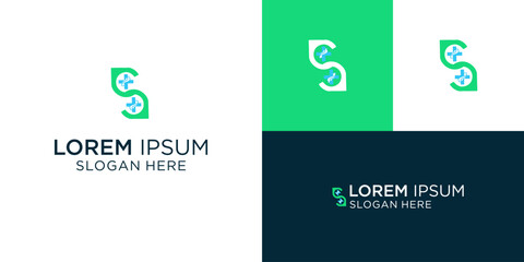 Naklejka premium Modern medical logo featuring letter S with vibrant green leaves, perfect for healthcare brands seeking a fresh, nature-inspired identity for wellness and pharmaceutical companies