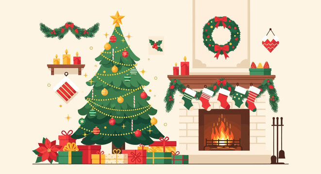 A festive Christmas scene with a decorated tree gifts fireplace and holiday decorations
