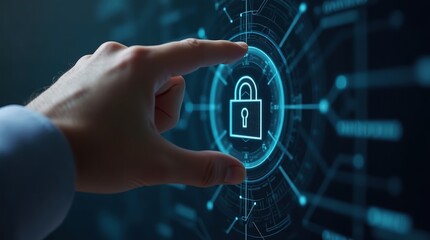 Hand touching futuristic digital padlock icon representing cybersecurity and data protection