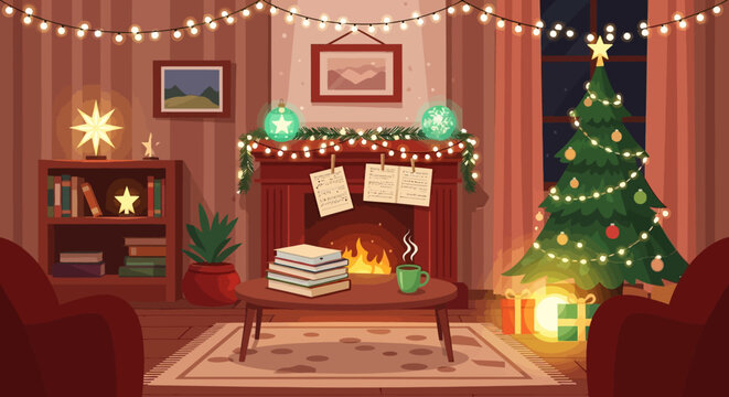 Cozy christmas ambiance inside a warm room with fireplace books and christmas tree