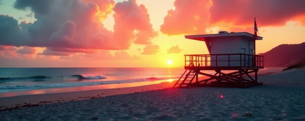 Elevated lifeguard station overlooking tranquil sunset beach , day, summer