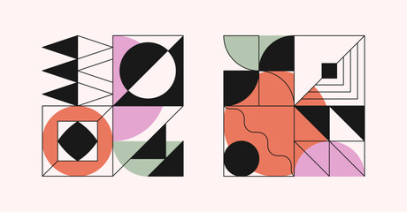 Bold geometric designs with block shapes and elements.Abstract minimal artworks in brutalist aesthetic.Trendy modular graphics for digital prints,branding,packaging,web,posters,emblems.