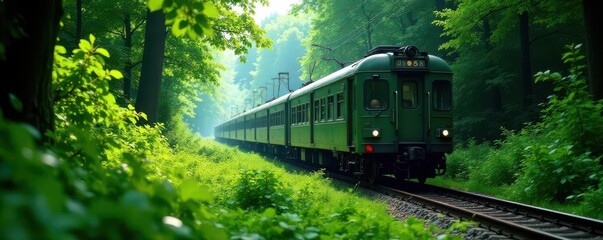 Emerald green foliage envelops a train, peaceful scene , tranquility, remote