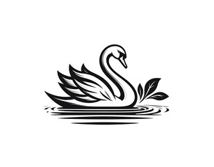 Fototapeta premium Black and white swan graphic design. Swan gracefully gliding on water, stylized with foliage. Elegant, vintage-inspired