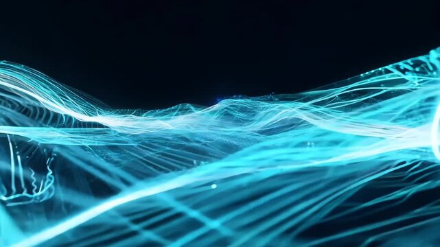 A glowing digital river of data particles flowing dark abstract background, neural networks AI decision making. Minimalist particle futuristic finance data flow abstract background, 4K