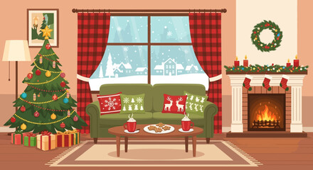 Festive holiday scene showcasing a christmas tree and fireplace amidst a cozy interior setup