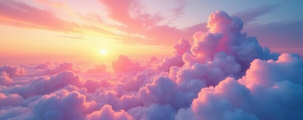 Expansive pastel sunrise, fluffy cloudscape, tranquil scene, peaceful, gentle