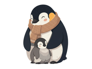 A heartwarming illustration of a parent penguin in a scarf hugging its adorable baby chick.