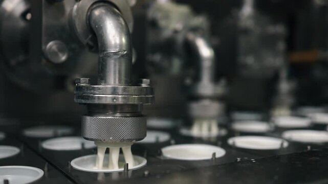 Robotic machine filling plastic cups with creamy yogurt on an industrial conveyor belt in a modern dairy factory, showcasing the automated food manufacturing process from a close-up view