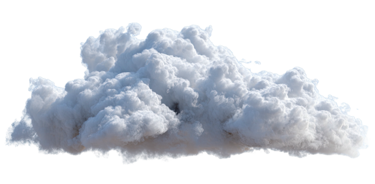 A fluffy, white, isolated cloud with a textured, detailed surface, floating against a black background