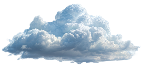 Fluffy white cumulus cloud formation, with shades of blue, isolated on black background