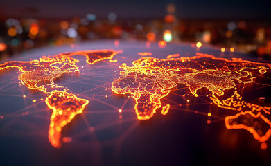 Glowing digital world map with connected lines representing global data networks.  
