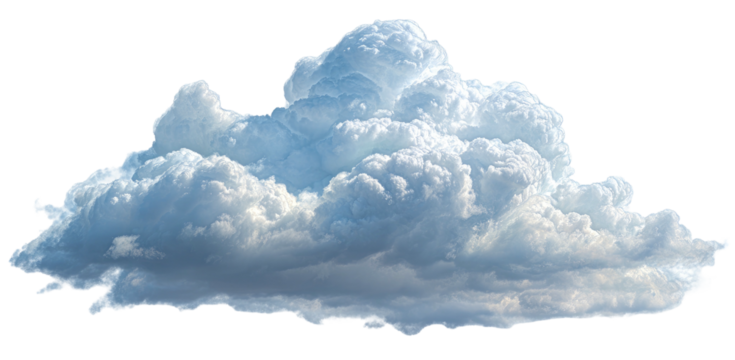 Fluffy white cumulus cloud formation, with shades of blue, isolated on black background