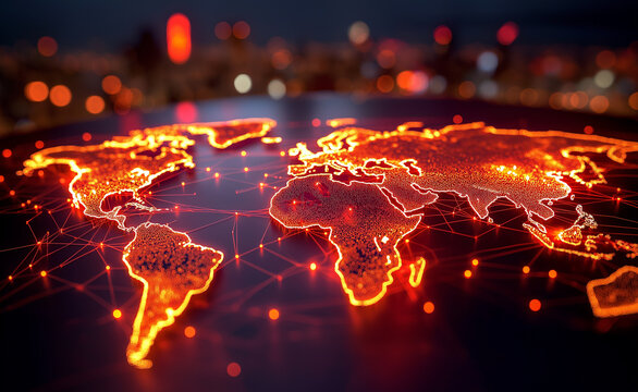 Glowing digital world map with connected lines representing global data networks.  
 - Powered by Adobe