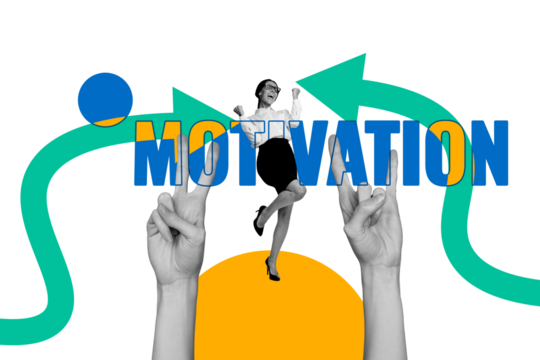 Composite photo collage of happy businesswoman win promotion arrow development concept motivation fingers isolated on painted background