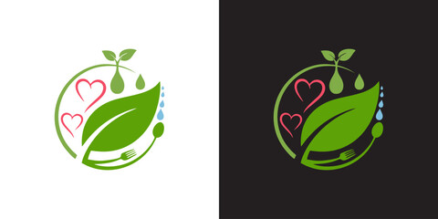 Vibrant, modern logo design showcasing organic leaf, sprouting plant, and hearts, ideal for health, wellness, and eco-friendly brands seeking a natural, loving aesthetic