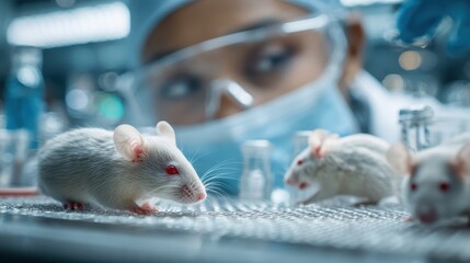 Scientist examines white lab mice in a sterile research environment. Depicts animal testing for pharmaceutical, medical, or cosmetic studies.
