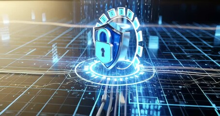 Digital security shield protecting data in a futuristic cityscape background - Powered by Adobe