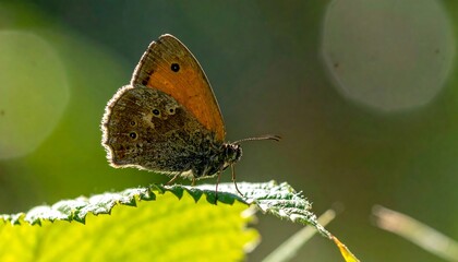 Fototapeta premium Close-up of a butterfly perched on a leaf, bathed in sunlight
