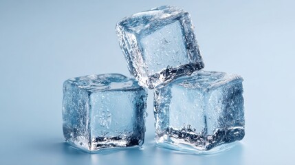 Close-up of three clear ice cubes stacked on a light blue