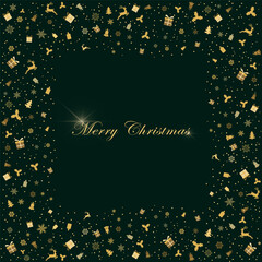 Greeting card with small christmas figurines. Christmas  deer, gifts, snowflakes, christmas tree on dark green background. Vector illustration. Gold pattern