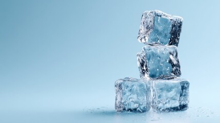 Obraz premium Close-up of three ice cubes stacked on a smooth against a light blue