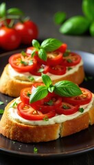 Golden-brown bruschetta, vibrant tomatoes, fresh herbs, symmetrical platter, image, antipasto