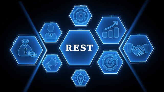REST Concept with Blue Neon Hexagonal Icons and Geometric Light Effects on Dark Background REST