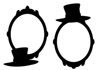 Logo con 2 siluetas de marco ovalado de espejo decorativo con viejo sombrero para tarjetas y felicitaciones de Halloween
