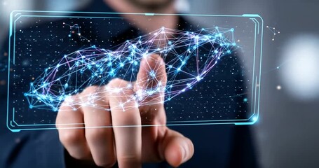 Man interacting with a digital interface showcasing data visualization - Powered by Adobe