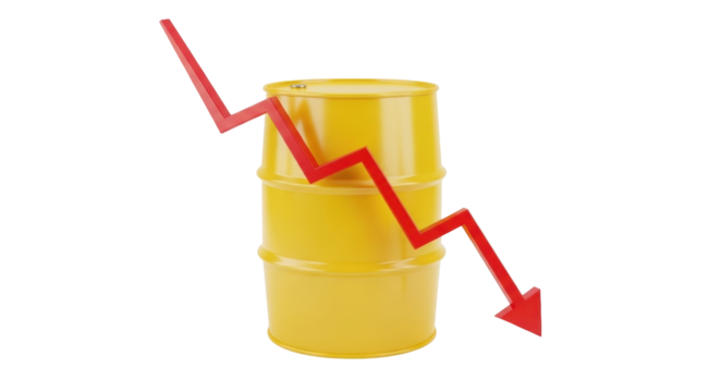 Isolated yellow oil barrel with downward red arrow showing market crash and economic downfall