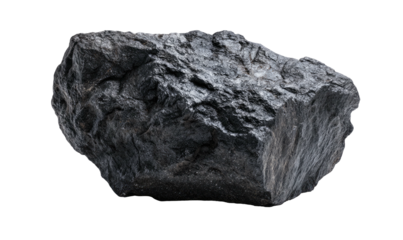 A close-up shot of a dark gray, rough-textured rock against a solid black background