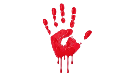 Isolated bloody handprint, a symbol of murder, danger or violence, blood dripping down hand