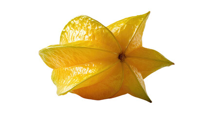 Fototapeta premium Isolated overhead shot of a bright, waxy, star-shaped exotic fruit on a black background