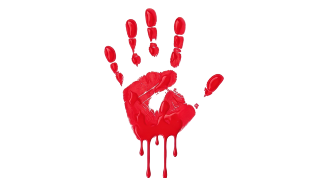 Isolated bloody handprint, a symbol of murder, danger or violence, blood dripping down hand