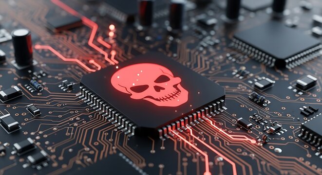 Cybersecurity Threat - Skull on Circuit Board Representing Malware and Hacking.