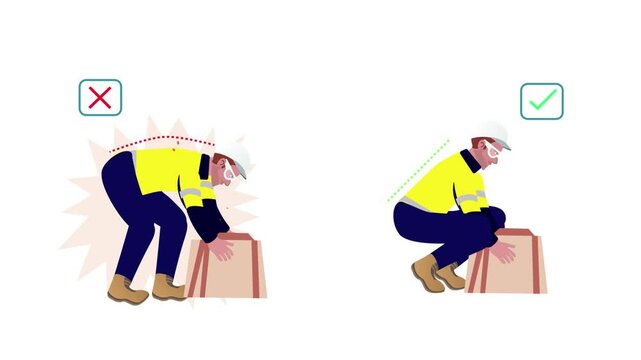 Right Wrong Manual Lifting of Goods. Heavy boxes are lifted in the correct and incorrect postures, Perfect for demonstration. 4k Animation