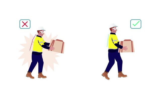 Ergonomic instructions, Correct and Wrong Manual Handling, Lifting Heavy Items at the Workplace, Perfect for Animation. 4k Animation