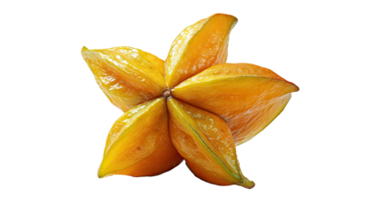 A vibrant, yellow starfruit, a tropical fruit cut out against a black background
