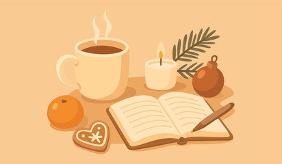 Cozy Winter Reading with Coffee and Candle &ndash; Minimalist Christmas Illustration
