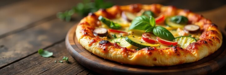 Grilled vegetable pizza slice, rustic wooden background, pizza, summer