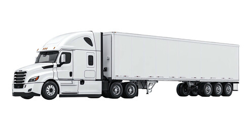 A long-haul white semi-truck with a large trailer. Clean and modern design. Isolated on black