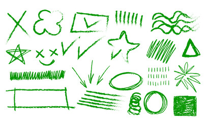 Collection of Green Hand-Drawn Symbols and Shapes on White Background