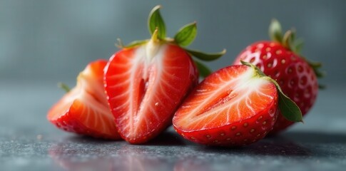 Half and quarter strawberry cuts, glossy surface, studio shot, still life, dessert, strawberry