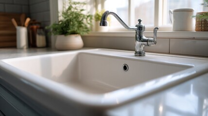 Fototapeta premium Modern faucet with streaming water in sunlit kitchen. Artificial intelligence image