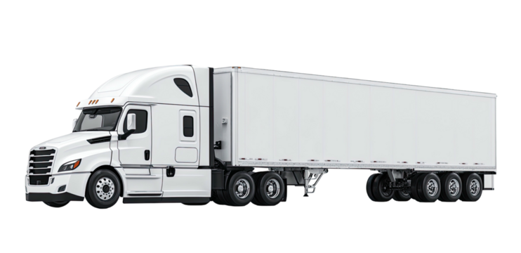 A long-haul white semi-truck with a large trailer. Clean and modern design. Isolated on black