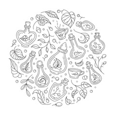 Potion bottles and autumn leaves vector illustration. Magical doodle circle coloring page.