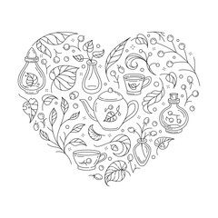 Autumn tea and potion bottles in heart shape. Cozy vector graphic doodle coloring page.